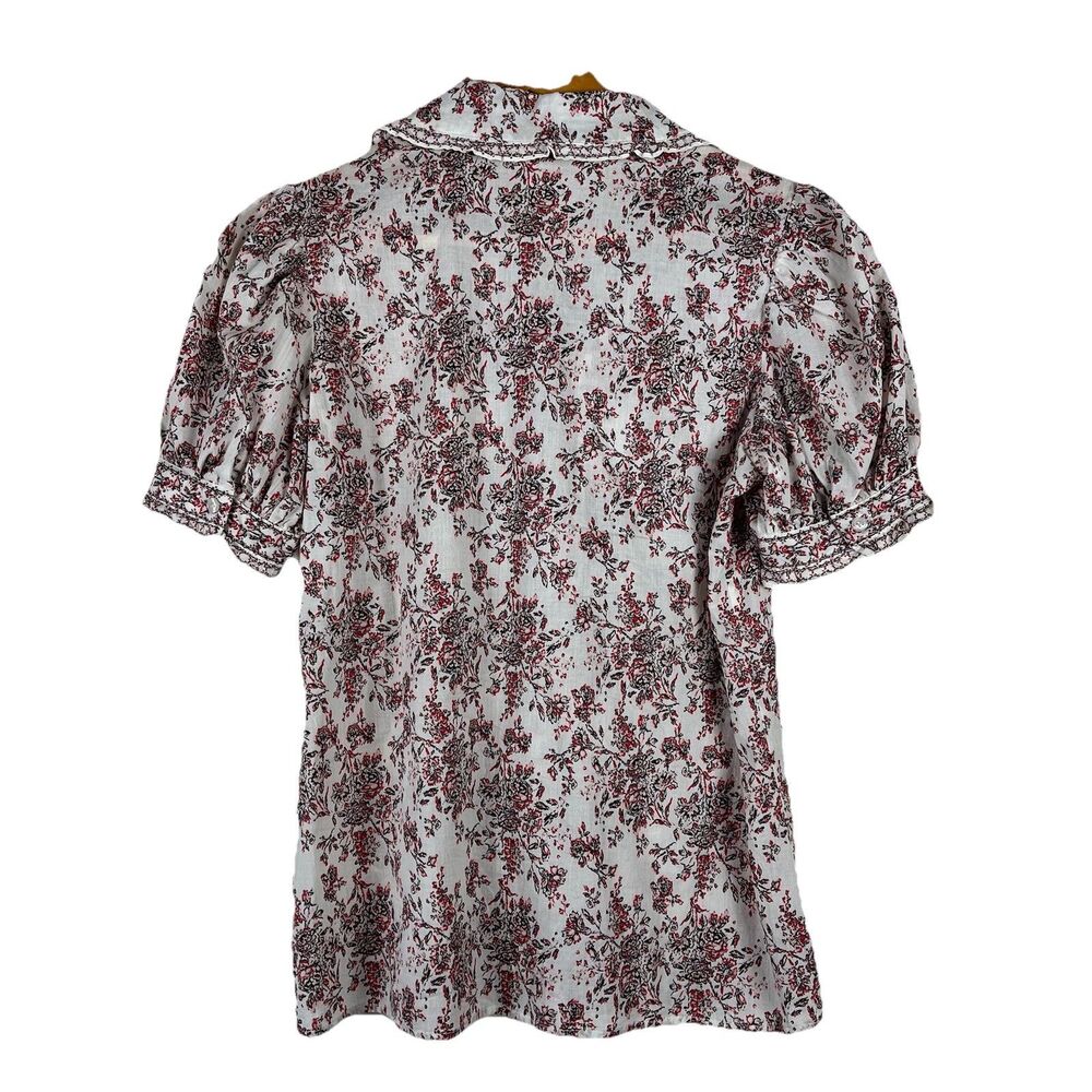 Max Studio Floral Cotton Blouse XS Puff Sleeve Ruffle Collar Cottagecore - Picture 5 of 14